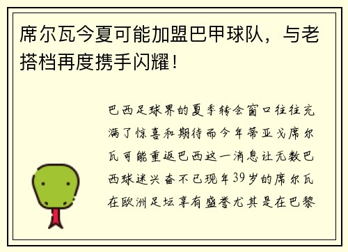 席尔瓦今夏可能加盟巴甲球队，与老搭档再度携手闪耀！